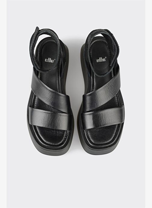 Siyah Deri Kadın Dolgu Topuk Sandalet - Görsel 4