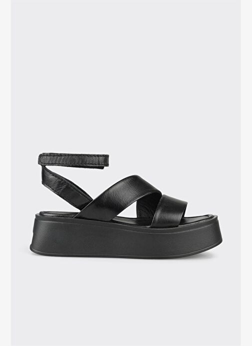 Siyah Deri Kadın Dolgu Topuk Sandalet - Görsel 2