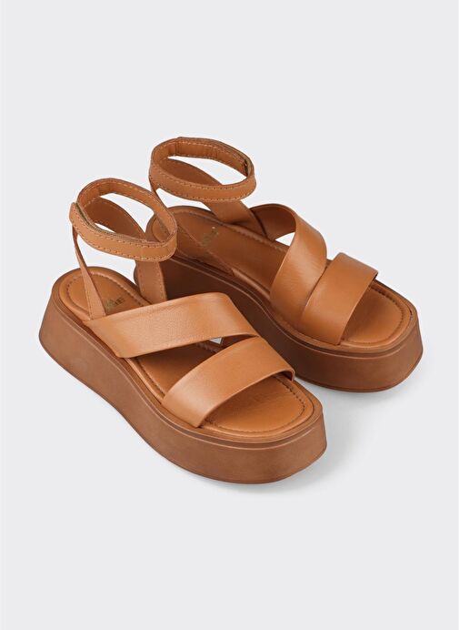 Taba Deri Kadın Dolgu Topuk Sandalet - Görsel 5