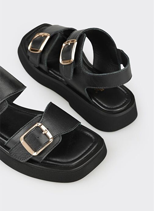 Siyah Deri Kadın Düz Sandalet - Görsel 6