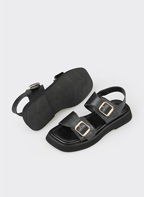 Siyah Deri Kadın Düz Sandalet - Görsel 4