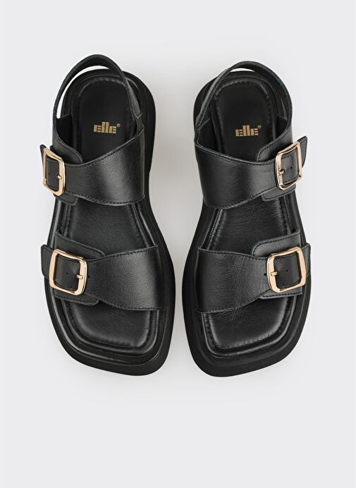 Siyah Deri Kadın Düz Sandalet - Görsel 5