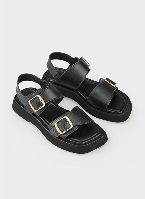 Siyah Deri Kadın Düz Sandalet - Görsel 3