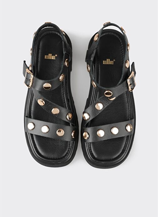 Siyah Deri Kadın Düz Sandalet - Görsel 11