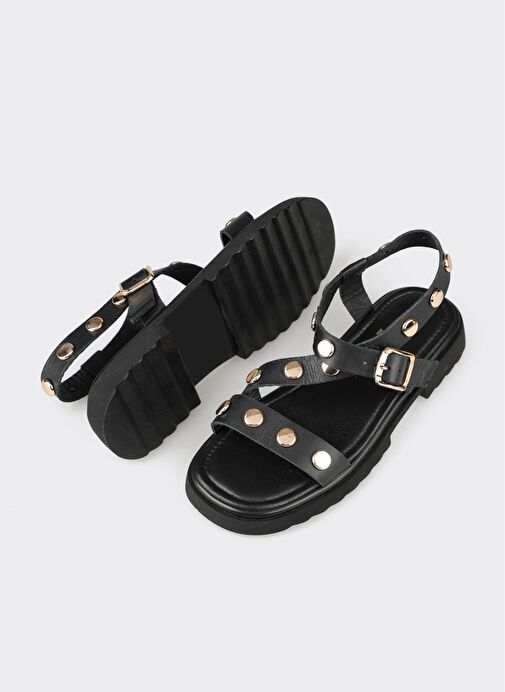Siyah Deri Kadın Düz Sandalet - Görsel 2