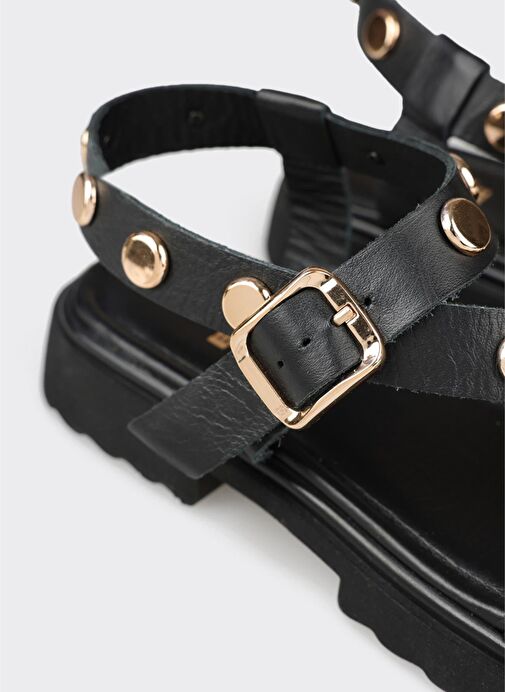 Siyah Deri Kadın Düz Sandalet - Görsel 4