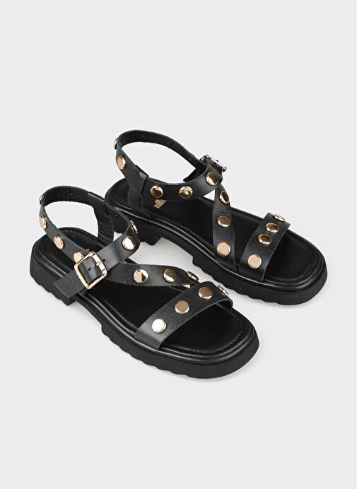 Siyah Deri Kadın Düz Sandalet - Görsel 8