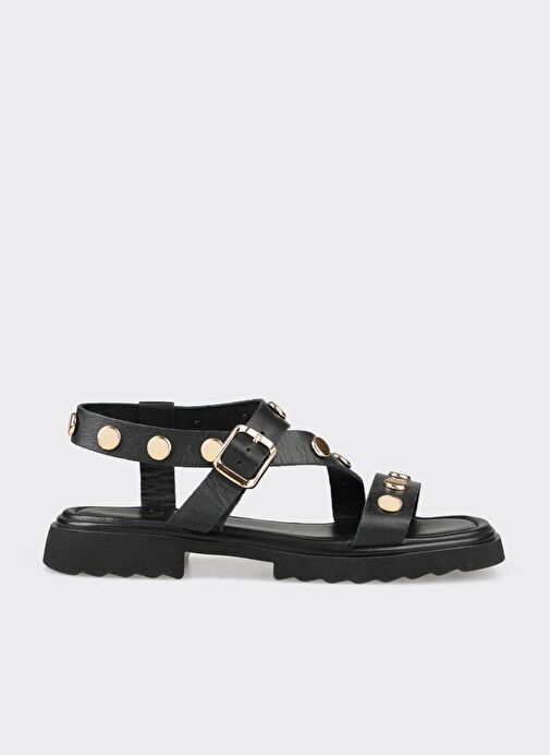 Siyah Deri Kadın Düz Sandalet - Görsel 7