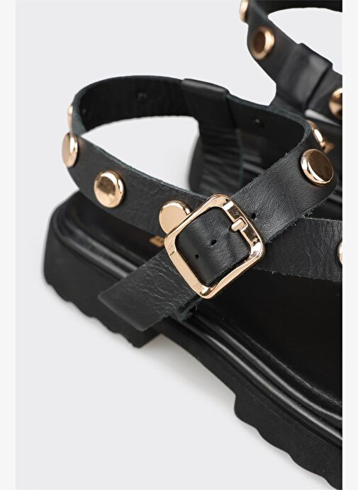 Siyah Deri Kadın Düz Sandalet - Görsel 10