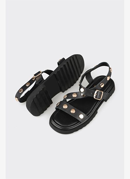 Siyah Deri Kadın Düz Sandalet - Görsel 9