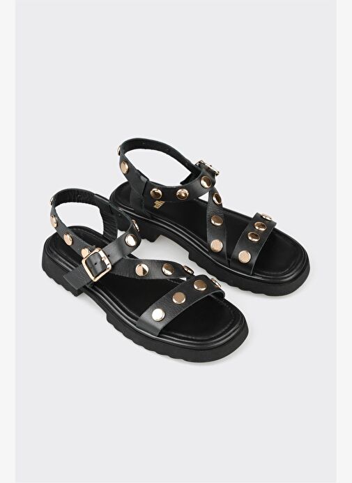 Siyah Deri Kadın Düz Sandalet - Görsel 5