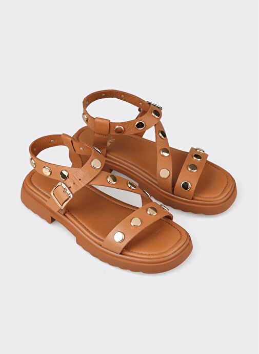 Taba Deri Kadın Düz Sandalet - Görsel 3