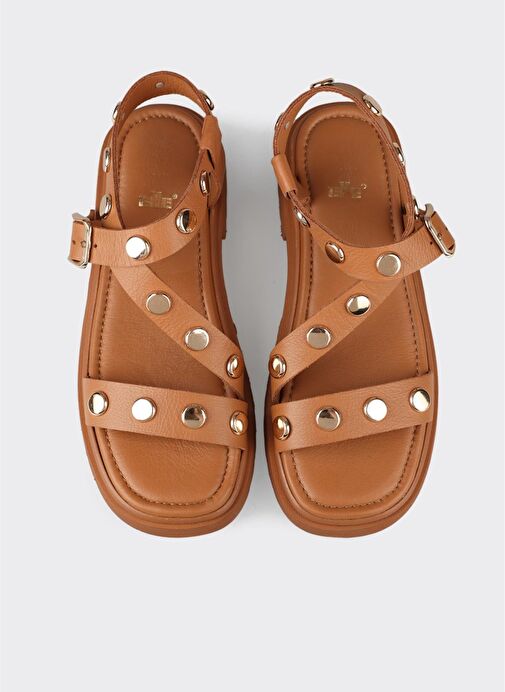 Taba Deri Kadın Düz Sandalet - Görsel 4