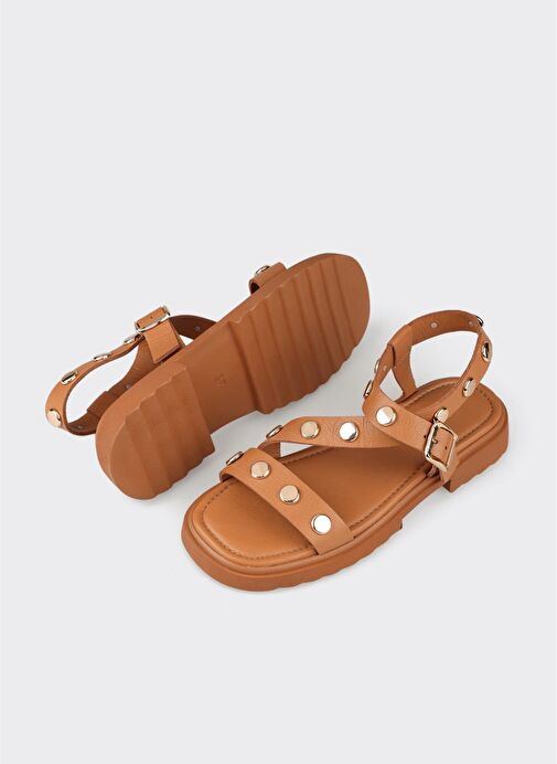 Taba Deri Kadın Düz Sandalet - Görsel 5