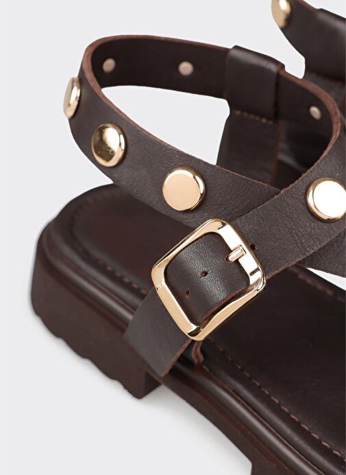 Kahve Deri Kadın Düz Sandalet - Görsel 6