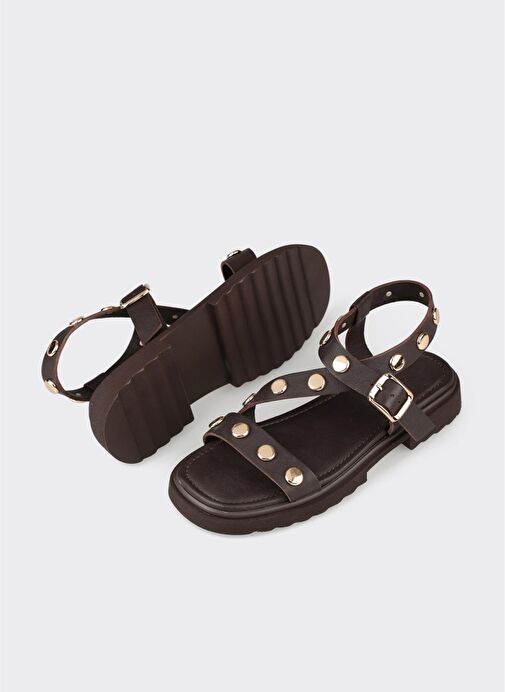 Kahve Deri Kadın Düz Sandalet - Görsel 5