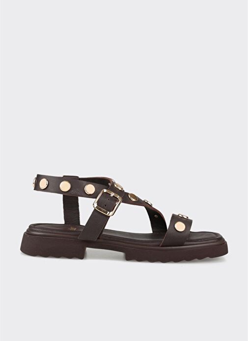 Kahve Deri Kadın Düz Sandalet - Görsel 2