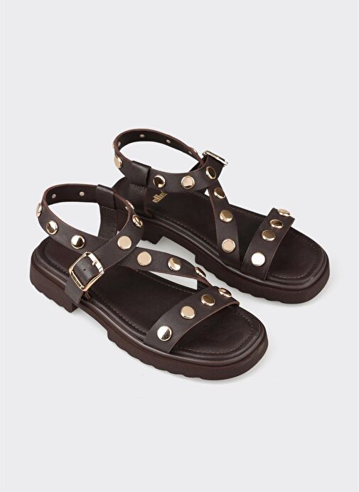 Kahve Deri Kadın Düz Sandalet - Görsel 3