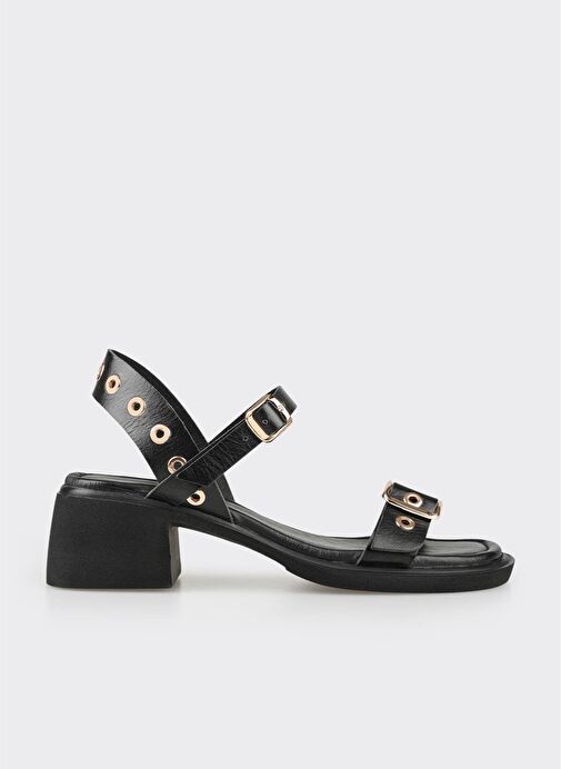 Siyah Deri Kadın Günlük Sandalet - Görsel 2