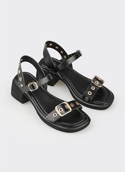 Siyah Deri Kadın Günlük Sandalet - Görsel 3