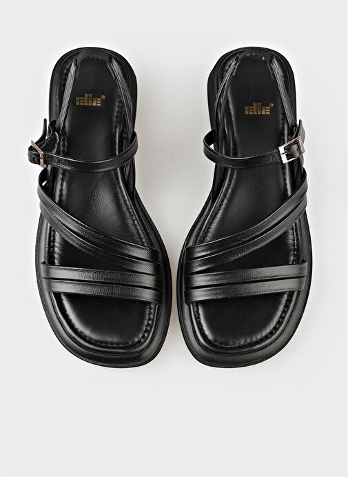 Siyah Deri Kadın Düz Sandalet - Görsel 5