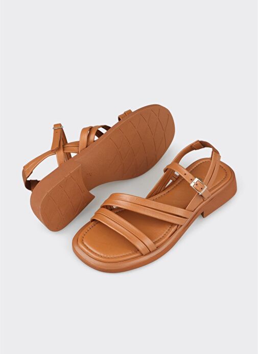Taba Deri Kadın Düz Sandalet - Görsel 4