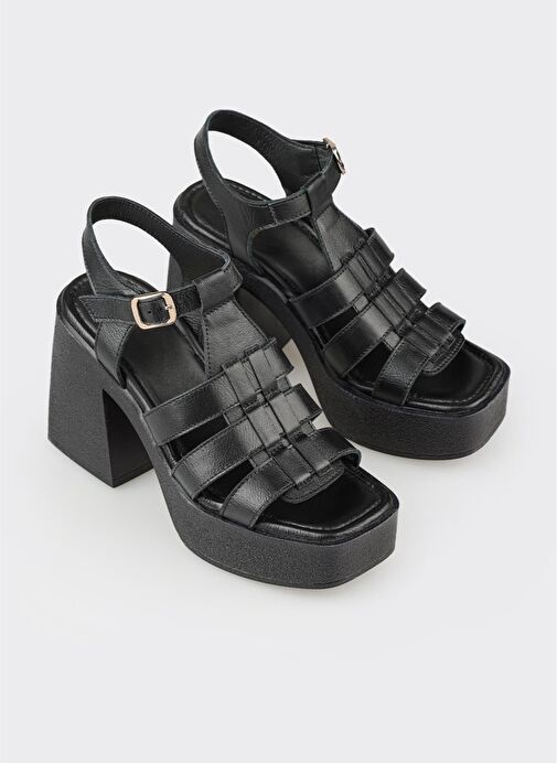 Siyah Deri Kadın Topuklu Sandalet - Görsel 3