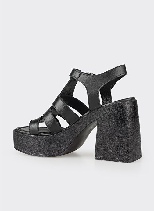Siyah Deri Kadın Topuklu Sandalet - Görsel 4