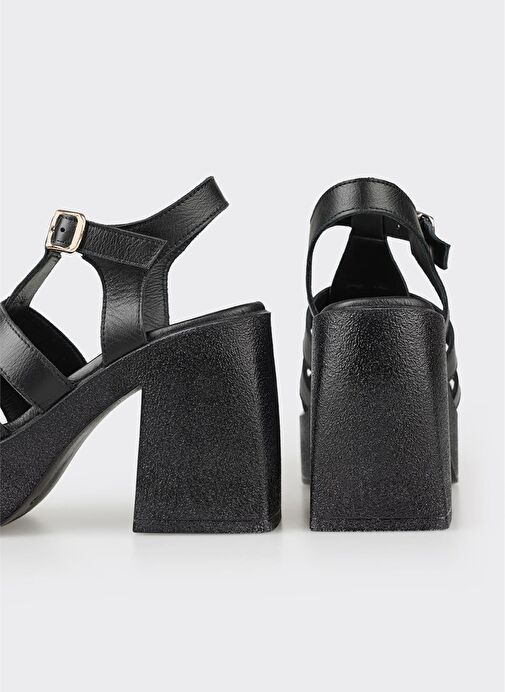 Siyah Deri Kadın Topuklu Sandalet - Görsel 5