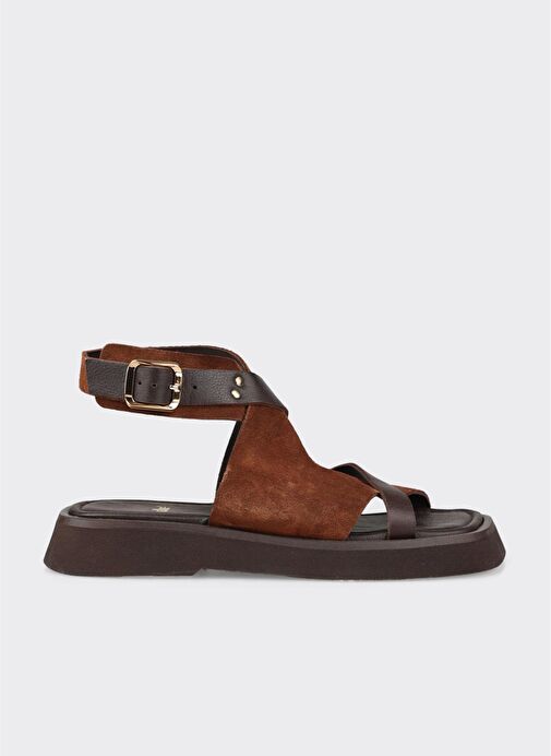 Kahve Deri Kadın Düz Sandalet - Görsel 2