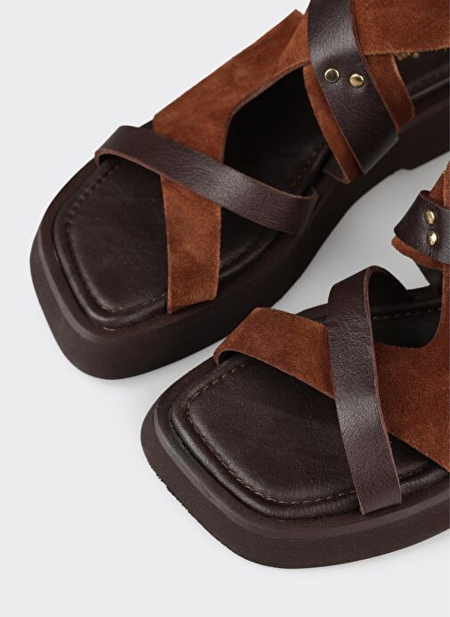 Kahve Deri Kadın Düz Sandalet - Görsel 6