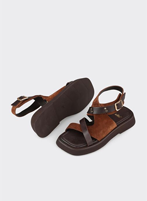Kahve Deri Kadın Düz Sandalet - Görsel 4