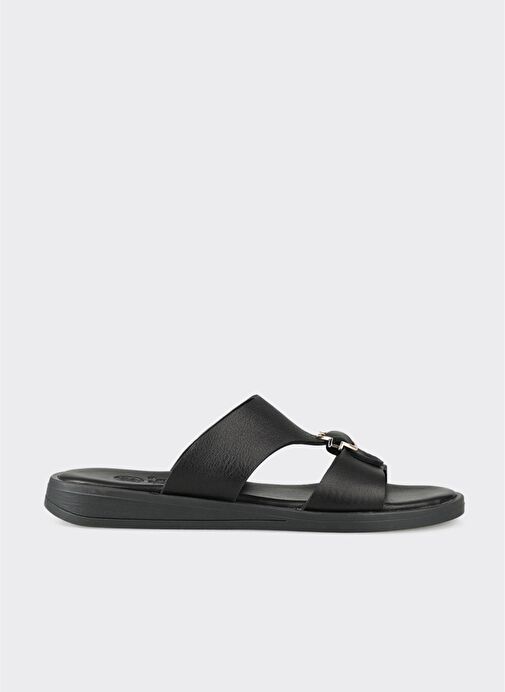 Siyah Deri Kadın Düz Terlik - Görsel 3