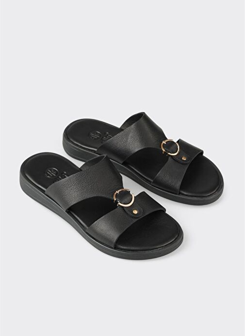 Siyah Deri Kadın Düz Terlik - Görsel 5