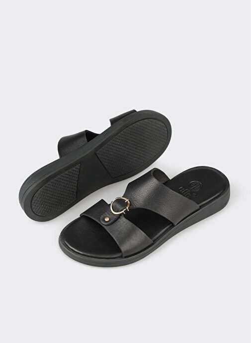 Siyah Deri Kadın Düz Terlik - Görsel 6