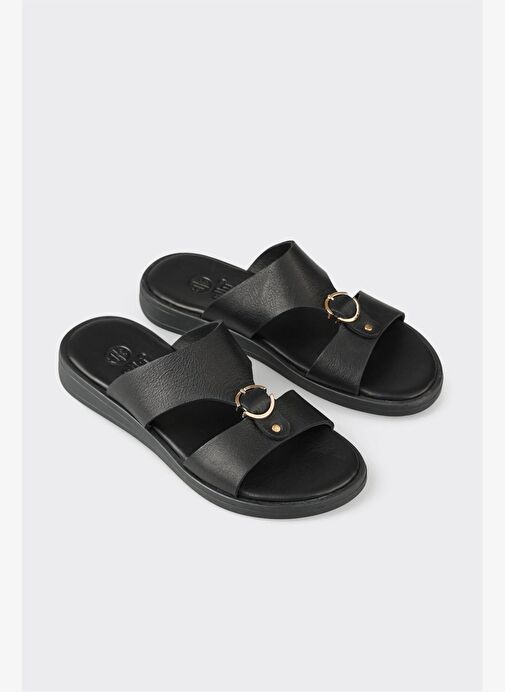 Siyah Deri Kadın Düz Terlik - Görsel 4