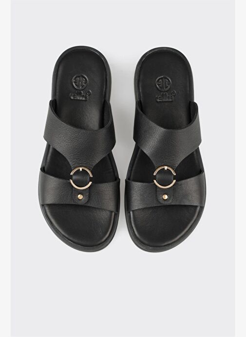 Siyah Deri Kadın Düz Terlik - Görsel 9