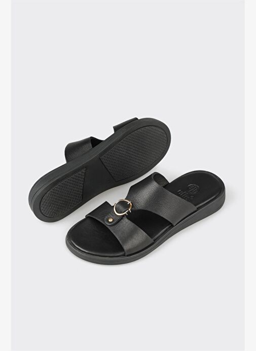 Siyah Deri Kadın Düz Terlik - Görsel 7