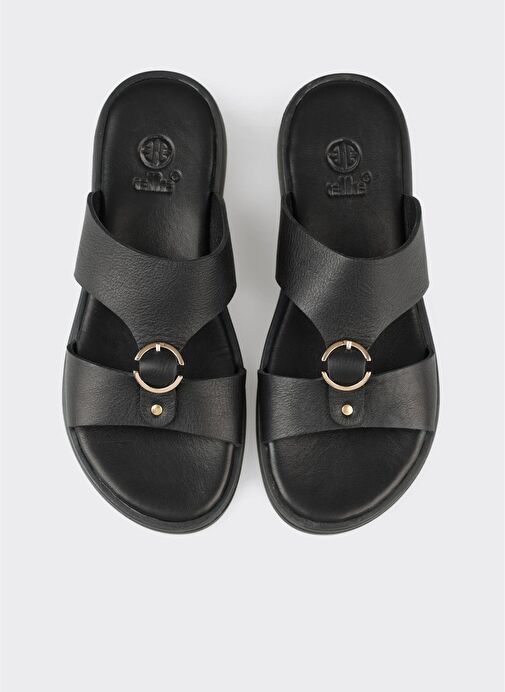 Siyah Deri Kadın Düz Terlik - Görsel 8