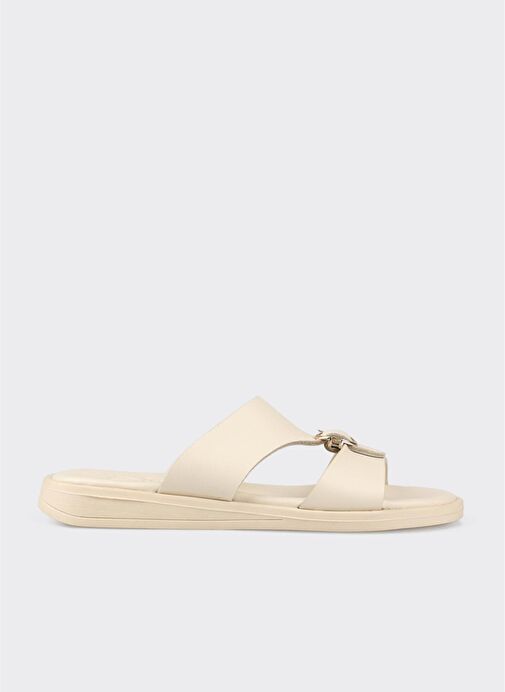 Bej Deri Kadın Düz Terlik - Görsel 2