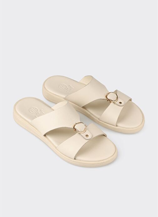 Bej Deri Kadın Düz Terlik - Görsel 3