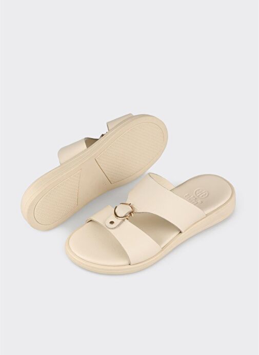 Bej Deri Kadın Düz Terlik - Görsel 4