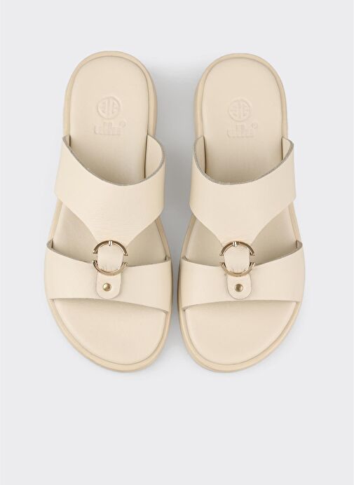 Bej Deri Kadın Düz Terlik - Görsel 5