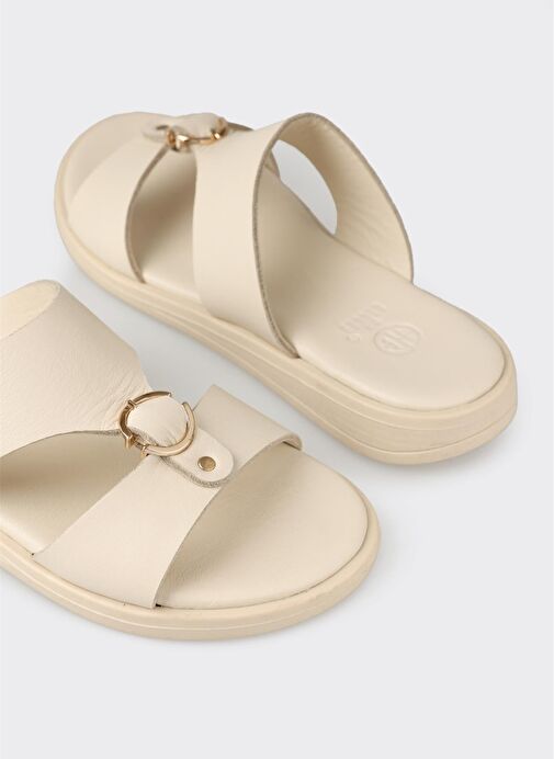 Bej Deri Kadın Düz Terlik - Görsel 6