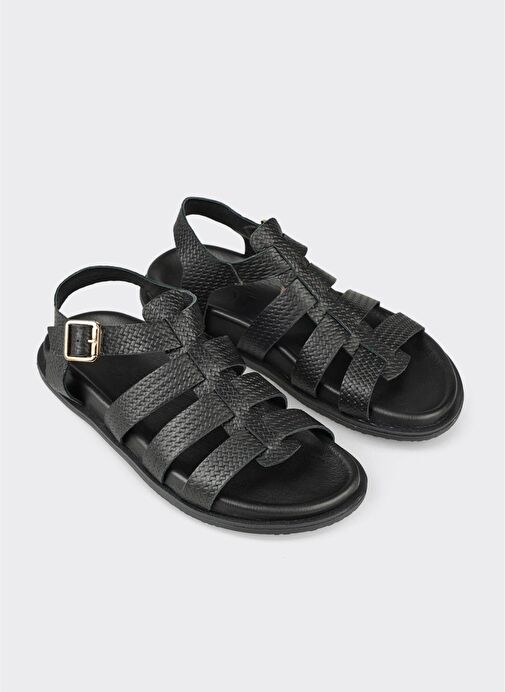 Siyah Deri Kadın Düz Sandalet - Görsel 3