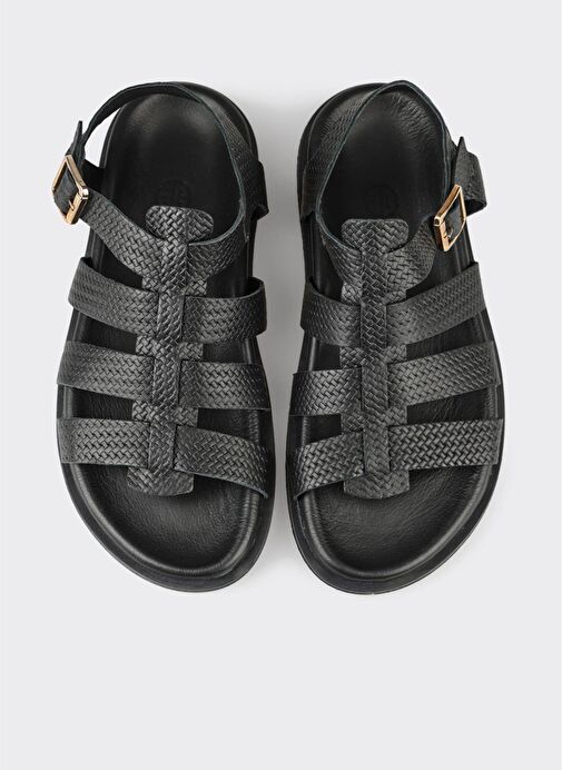 Siyah Deri Kadın Düz Sandalet - Görsel 4