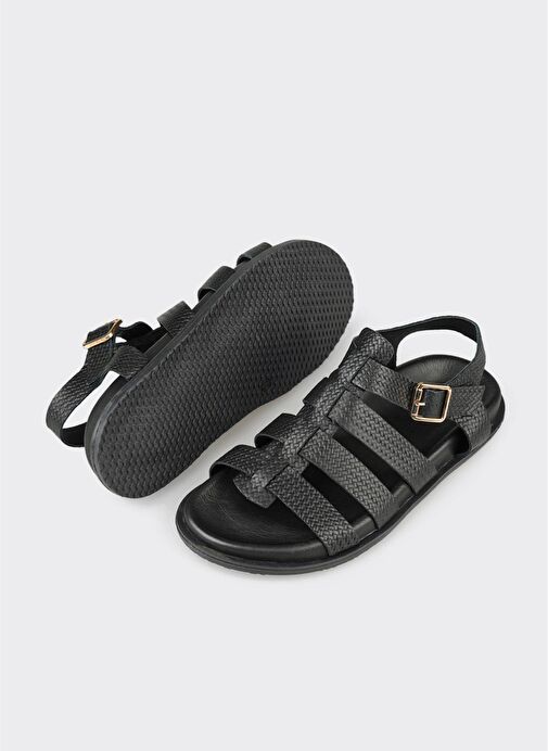 Siyah Deri Kadın Düz Sandalet - Görsel 5