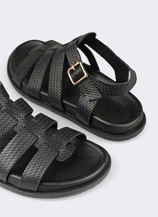 Siyah Deri Kadın Düz Sandalet - Görsel 6