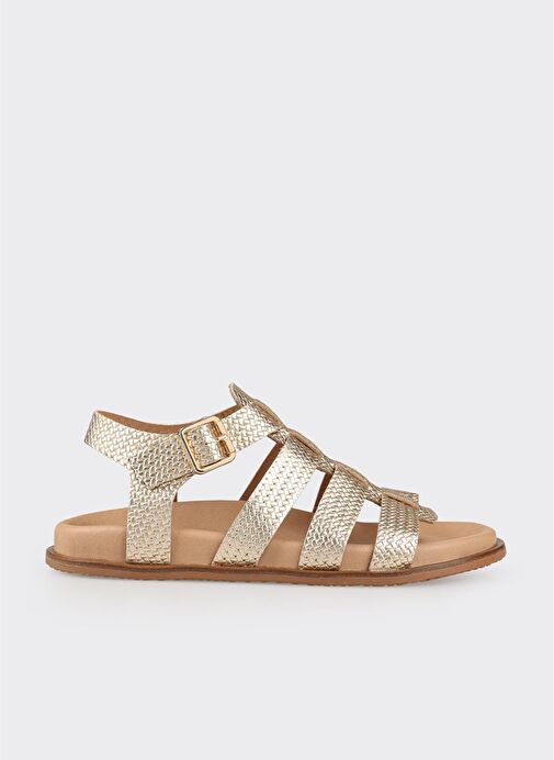 Gold Deri Kadın Düz Sandalet - Görsel 2