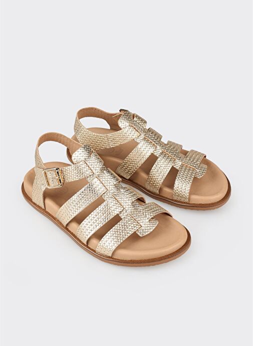 Gold Deri Kadın Düz Sandalet - Görsel 3